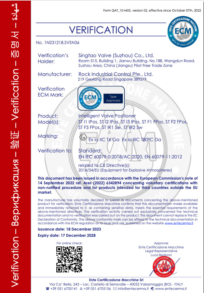 Rock’s Brand SingTao Automated Control Valves Obtain CE Certification